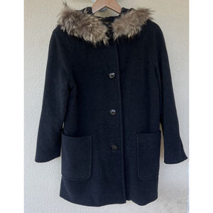 VTG Nordstrom Gallery Virgin Wool Cashmere Coat Black Fur Hood Classic Italy